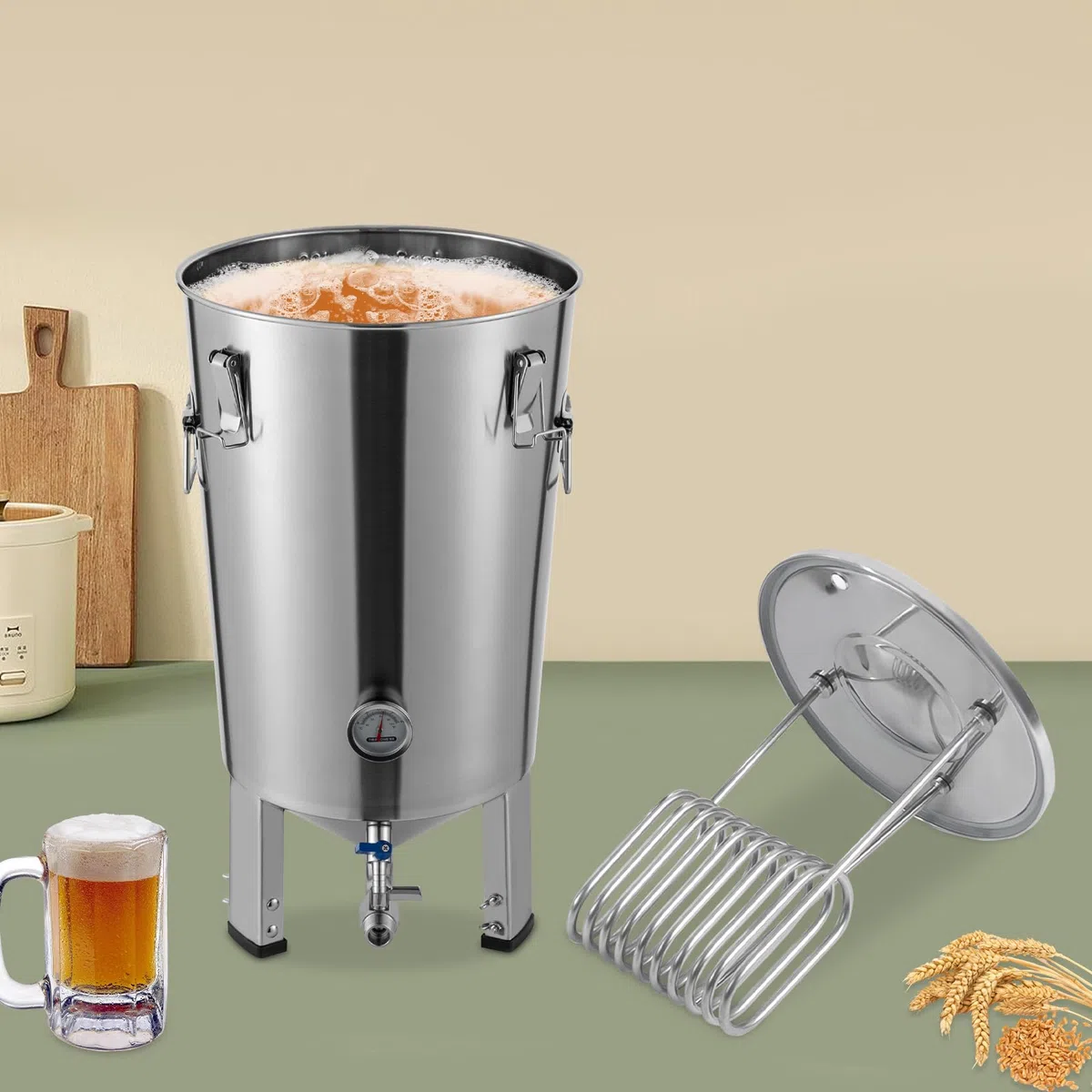 Bierbrauset 32L Gärbehälter Bierbrauanlage mit Kühler und Thermometer, Edelstahl Konischer Bierbraugerät Fermenter Lagertank, für Gärung von Heimischem Bier, Wein, Milch und Fruchtenzymen
